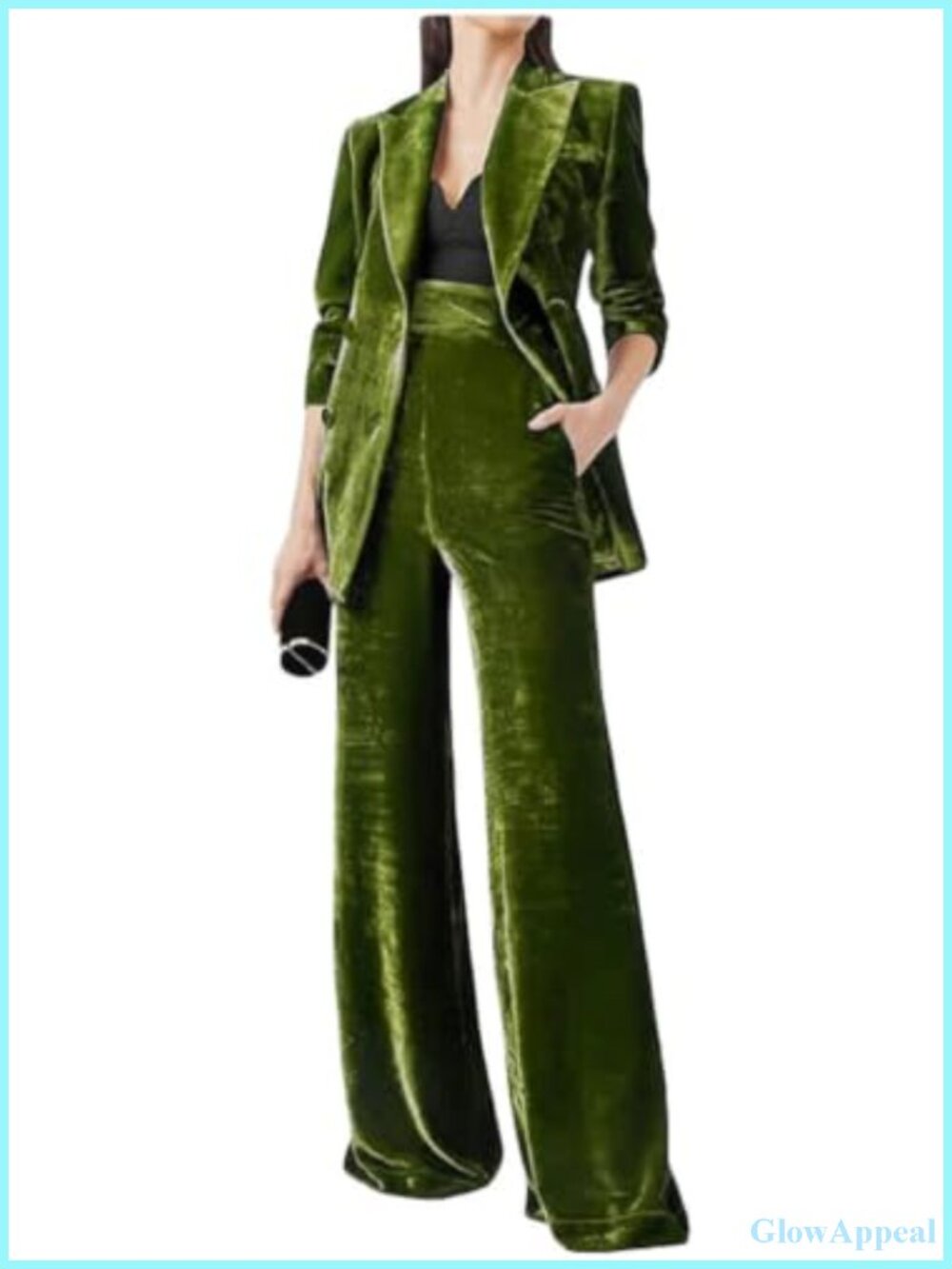 2 PC Velvet Suit Set Double Breasted Blazer Straight Leg Pants Office Wear